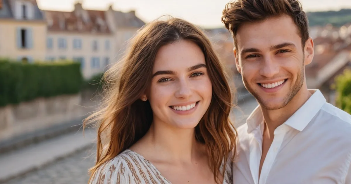Un jeune couple souriant côte à côte sur un belvédère, toits de la ville en arrière-plan