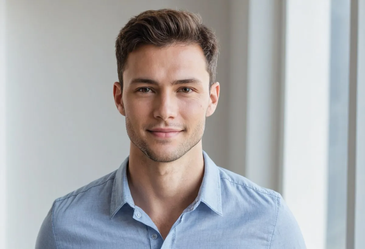 Jeune homme en chemise bleu clair, sourire tranquille, sur fond lumineux