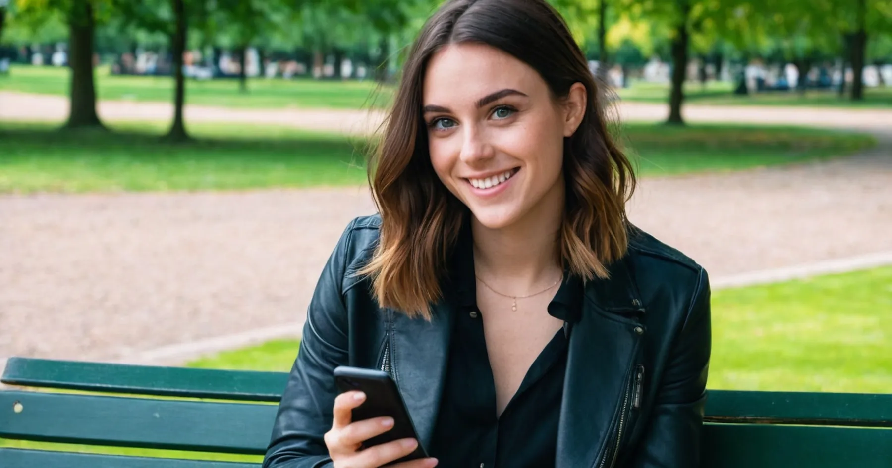Jeune femme brune souriante en blouson noir, téléphone en main, assise sur un banc de parc