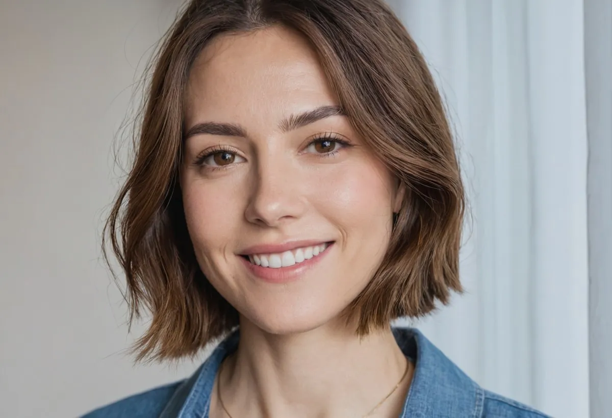 Femme brune au carré, chemise en jean, souriante devant un rideau blanc