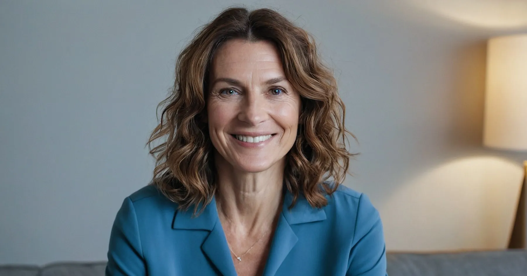 Femme mûre aux cheveux bouclés, veste bleue, large sourire, assise près d'une lampe allumée