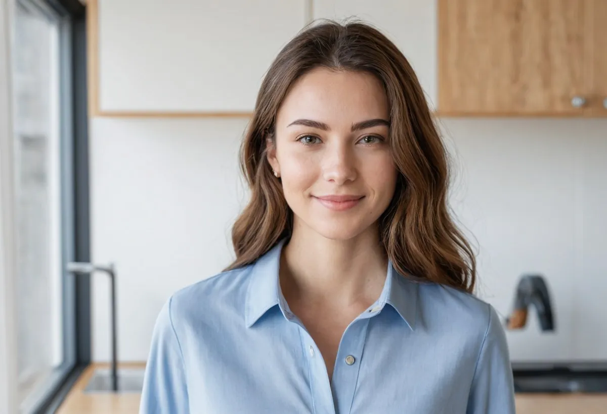 Femme brune en chemise bleu clair, léger sourire, cuisine floue à l'arrière-plan