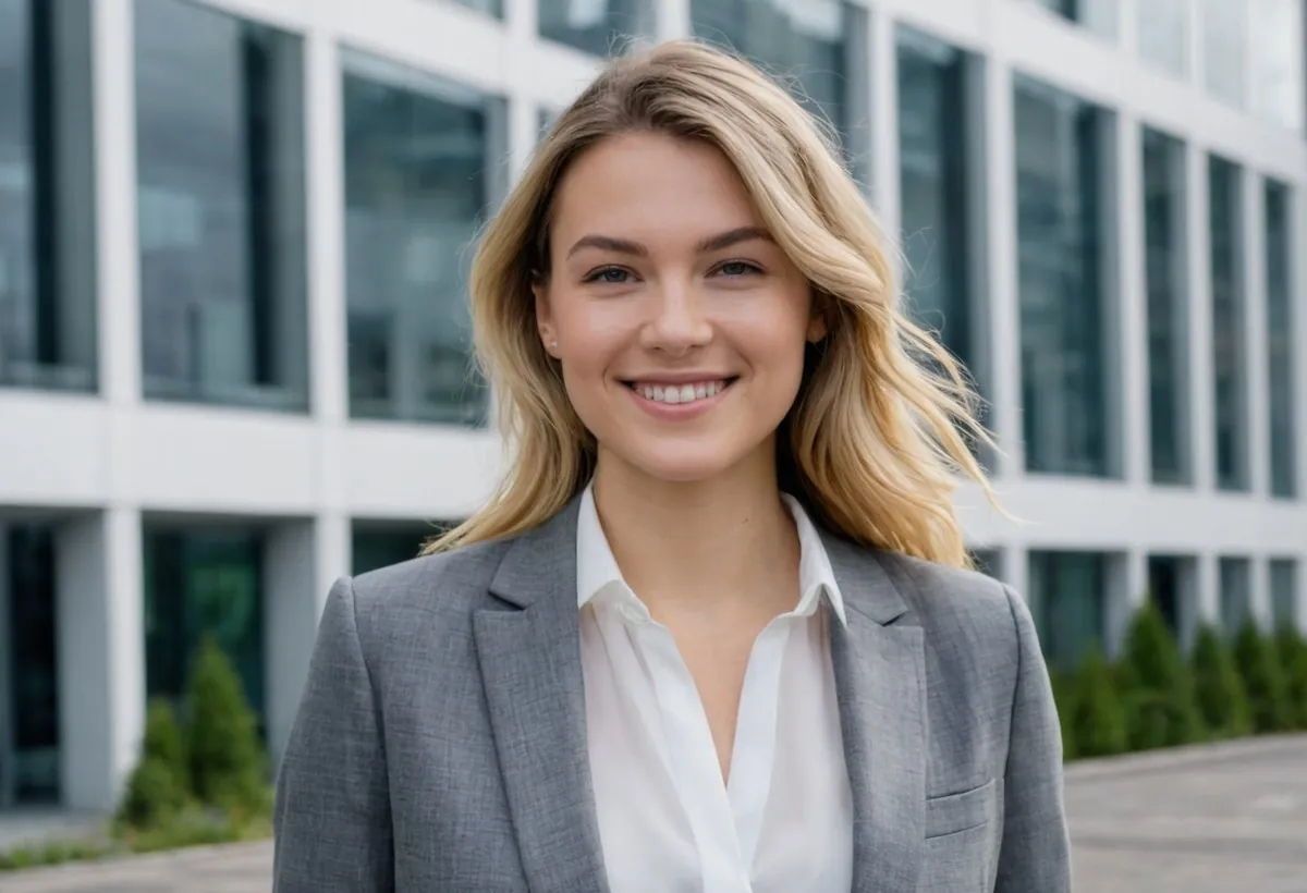 Jeune femme blonde en blazer gris souriant devant un immeuble de bureaux