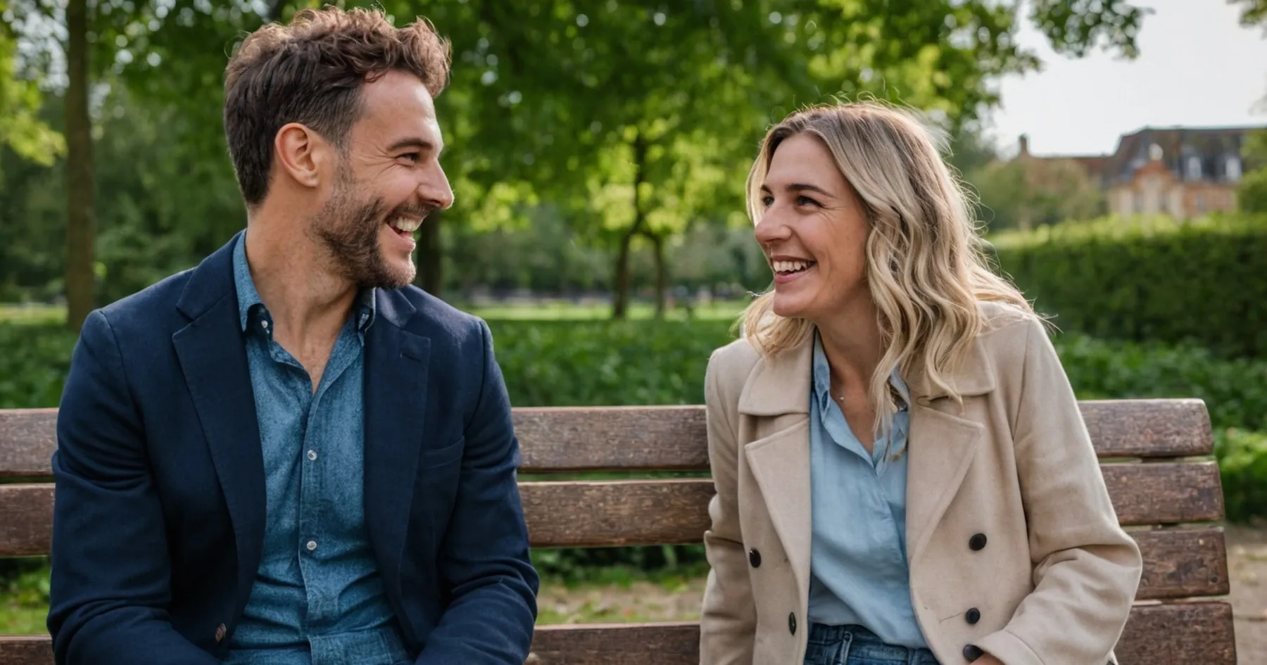 Un homme en blazer marine et une femme blonde en manteau beige rient ensemble sur un banc de parc