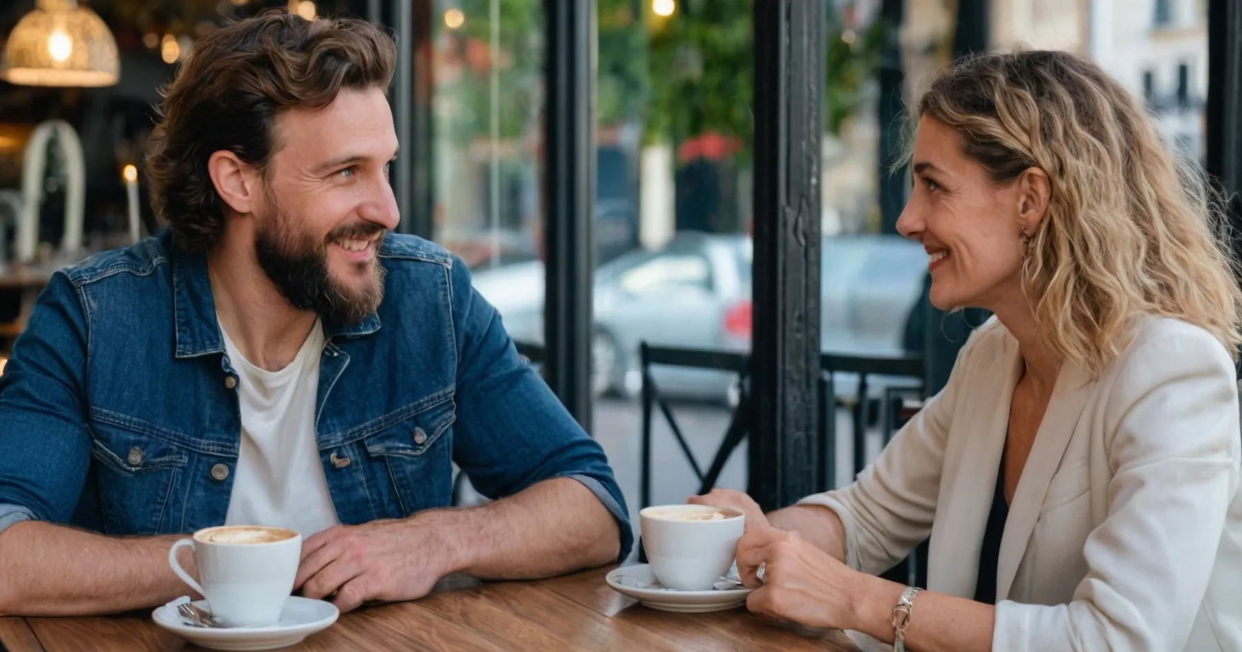 Un homme barbu en veste en jean et une femme aux boucles se parlent face à face devant deux cafés