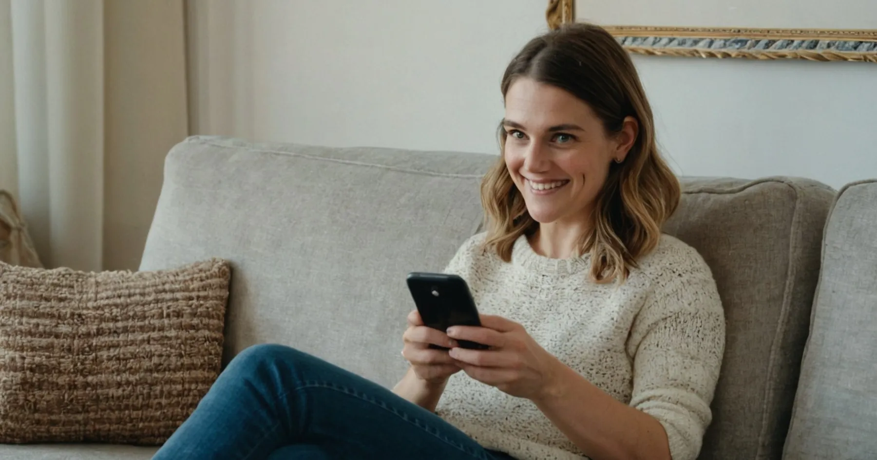 Femme souriante en pull crème, installée sur un canapé gris, smartphone entre les mains