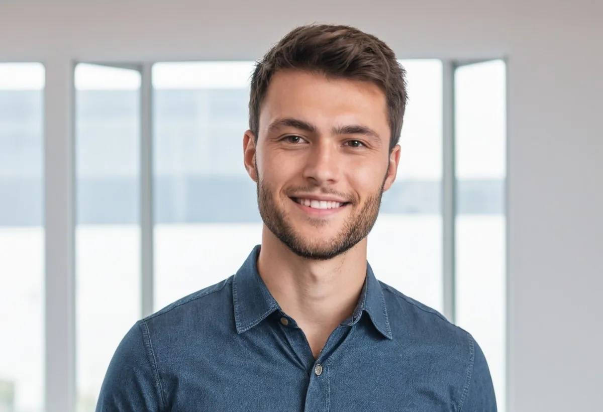Jeune homme barbu en chemise en jean foncé, souriant, devant de grandes fenêtres lumineuses