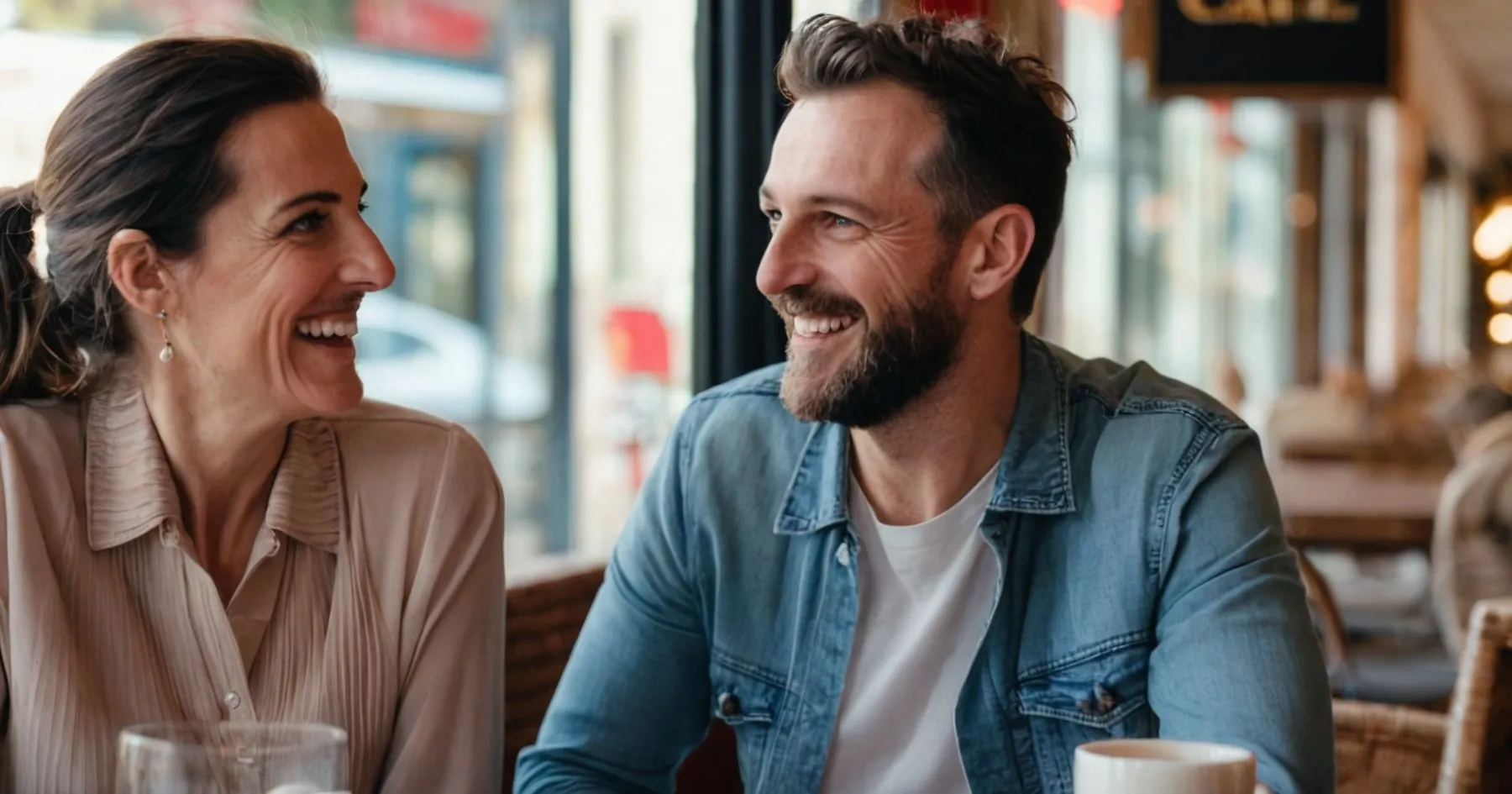 Une femme et un homme barbu en veste en jean éclatent de rire à la table d'un café
