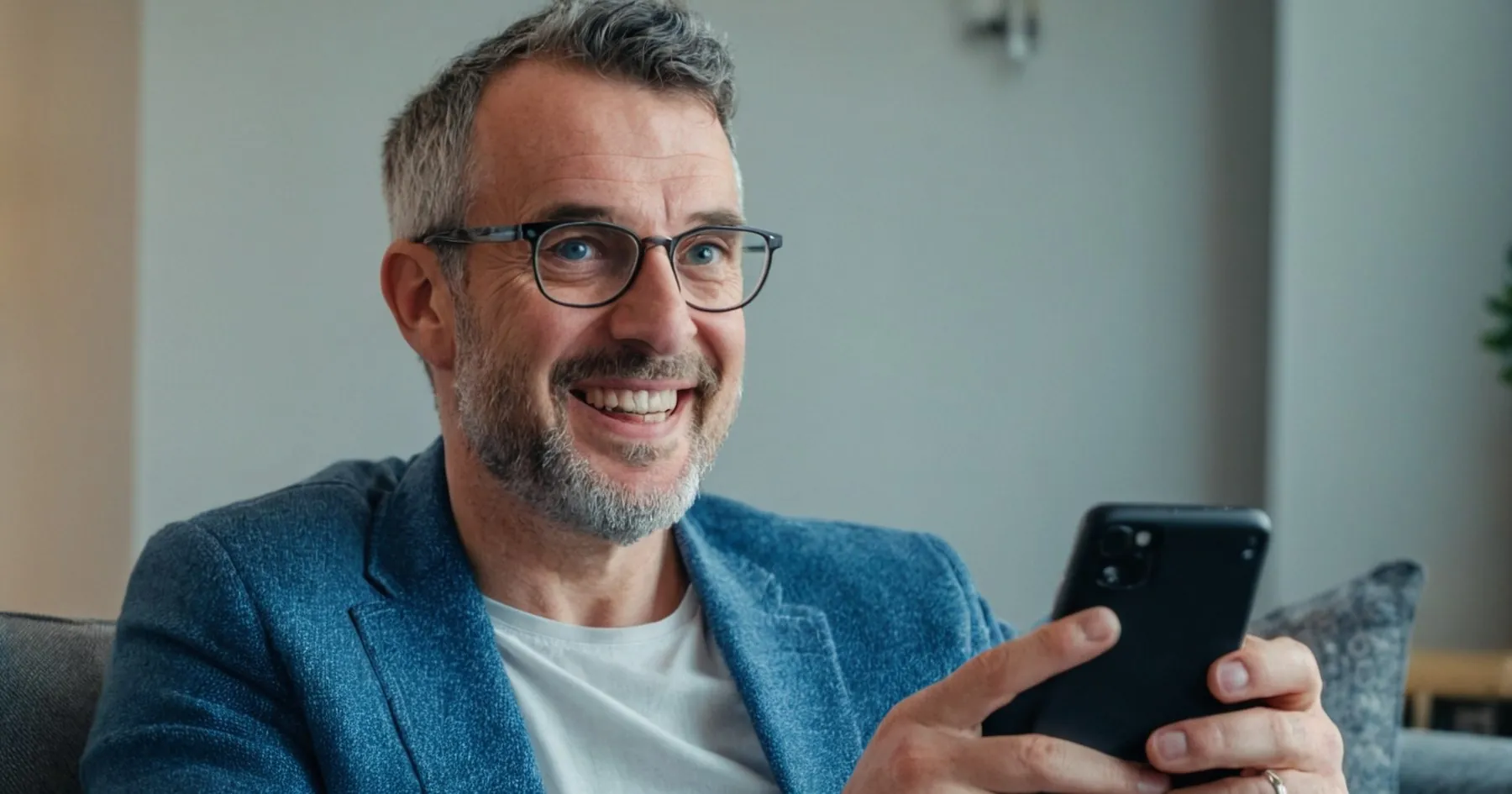 Homme aux cheveux gris, lunettes et barbe, riant devant son smartphone sur un canapé