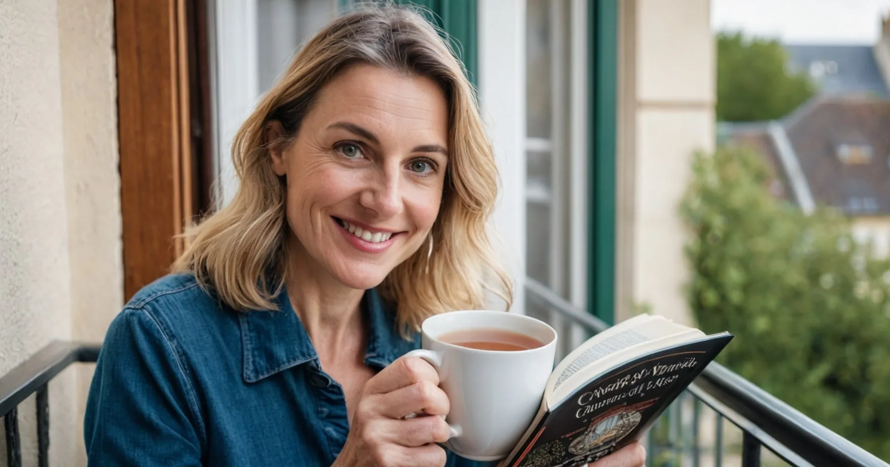 Femme blonde souriante sur un balcon, une tasse de thé et un livre ouvert posés devant elle