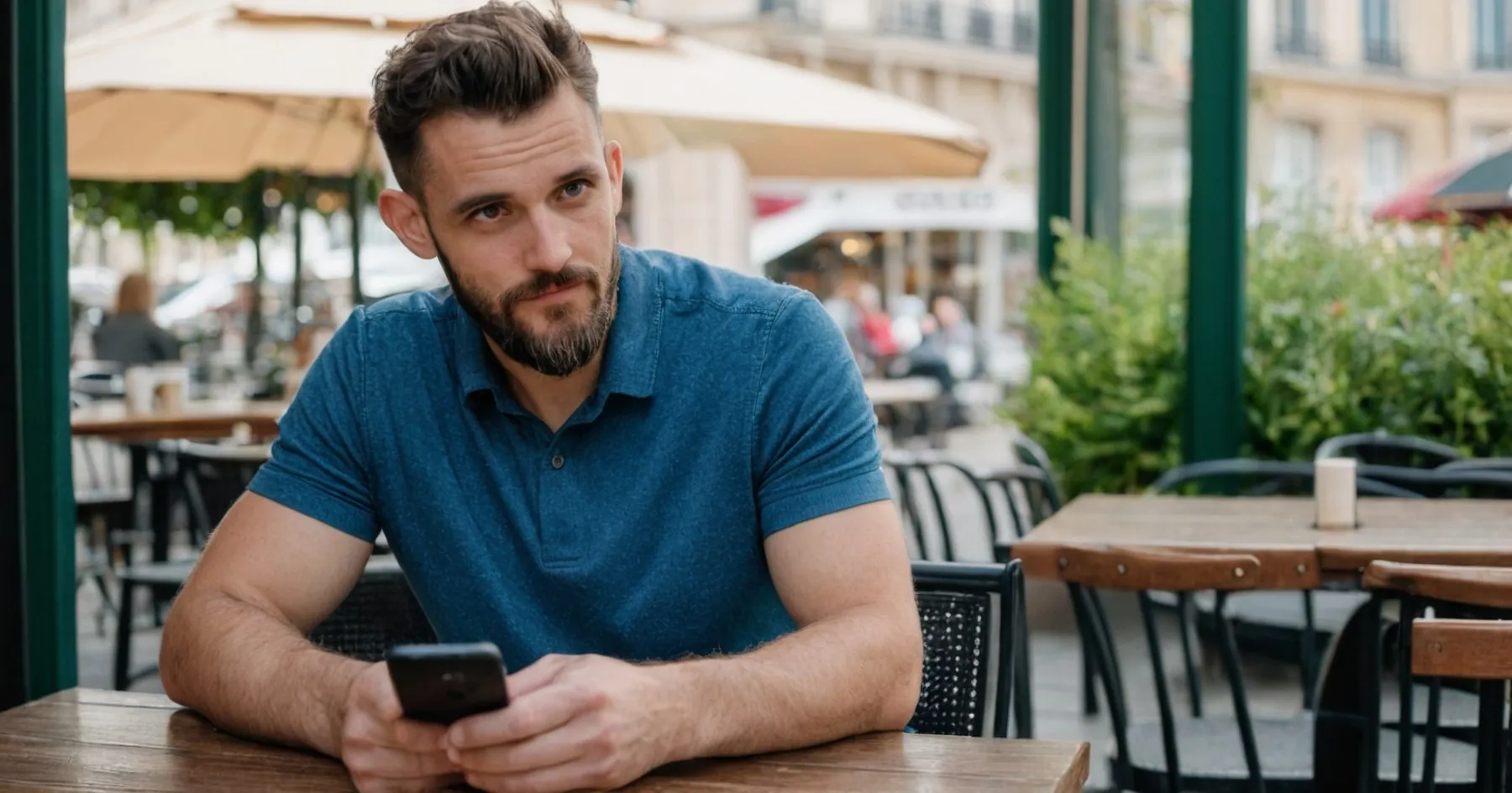 Homme barbu en polo bleu, l'air pensif, tenant son smartphone sur une terrasse de café