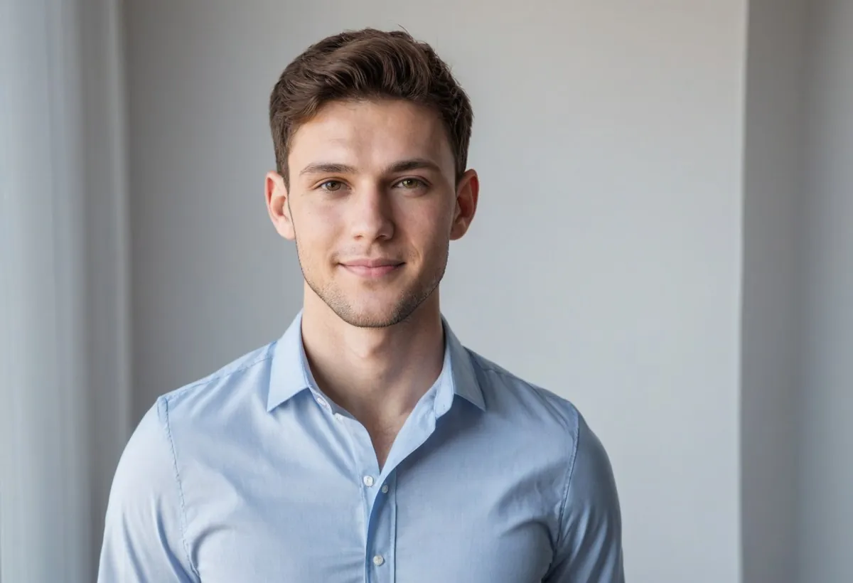 Jeune homme en chemise bleu clair au léger sourire, devant un mur gris