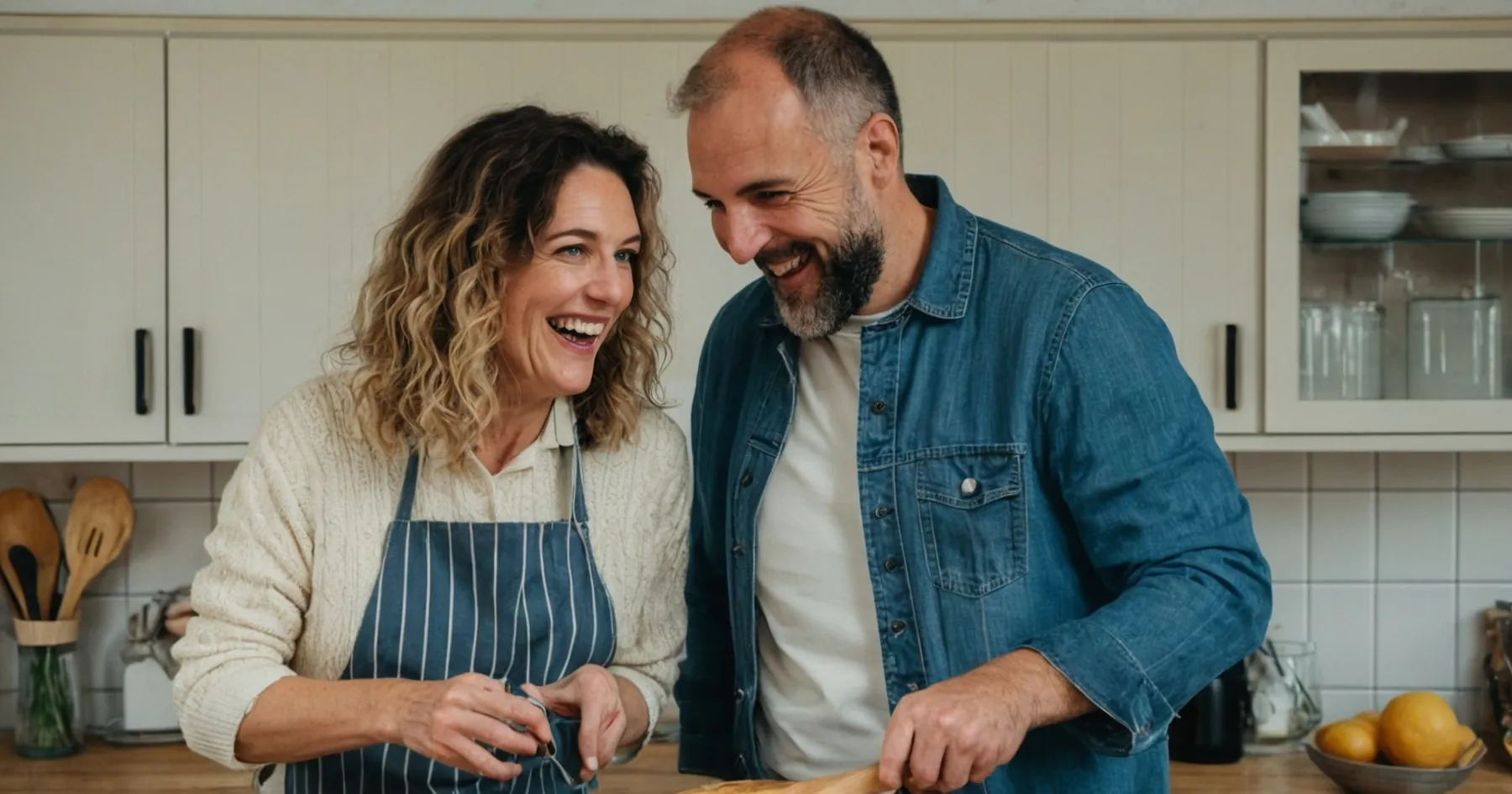 Couple hilare dans une cuisine, elle en tablier rayé et lui en chemise en jean