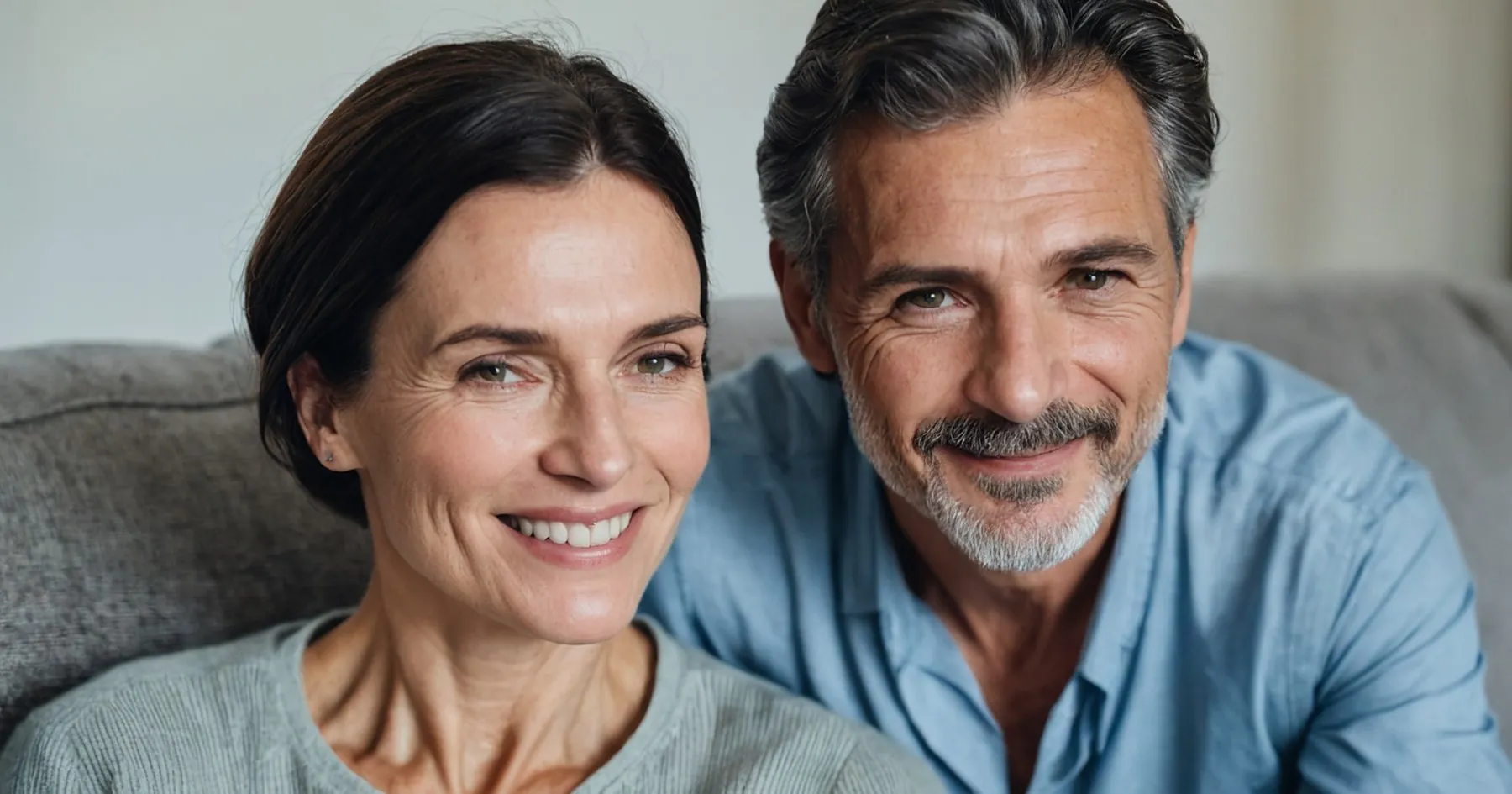 Un couple de quinquagénaires souriant, serrés l'un contre l'autre sur un canapé gris