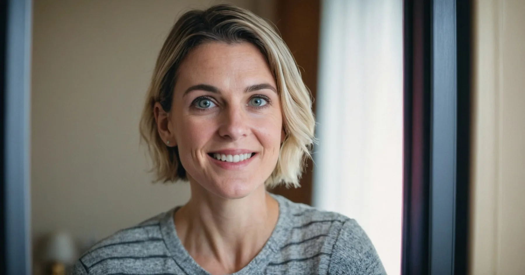 Femme blonde aux cheveux courts, pull gris rayé, souriante dans un intérieur lumineux