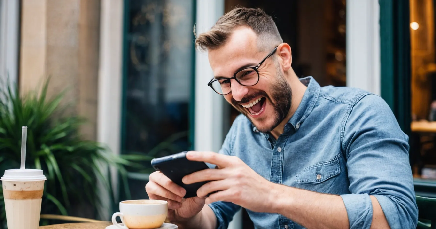 Homme à lunettes qui rit en lisant son smartphone, tasse de café posée sur une terrasse