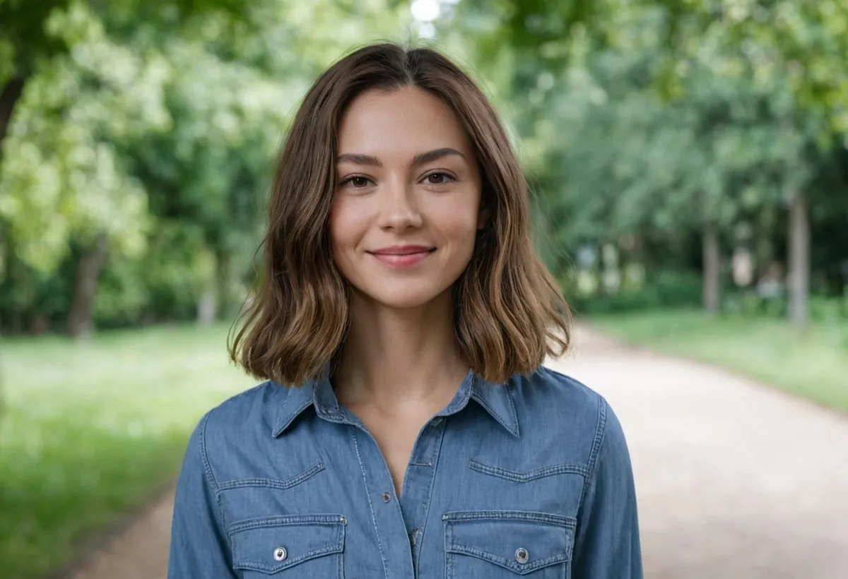 Femme brune en chemise en jean, léger sourire, sur une allée de parc
