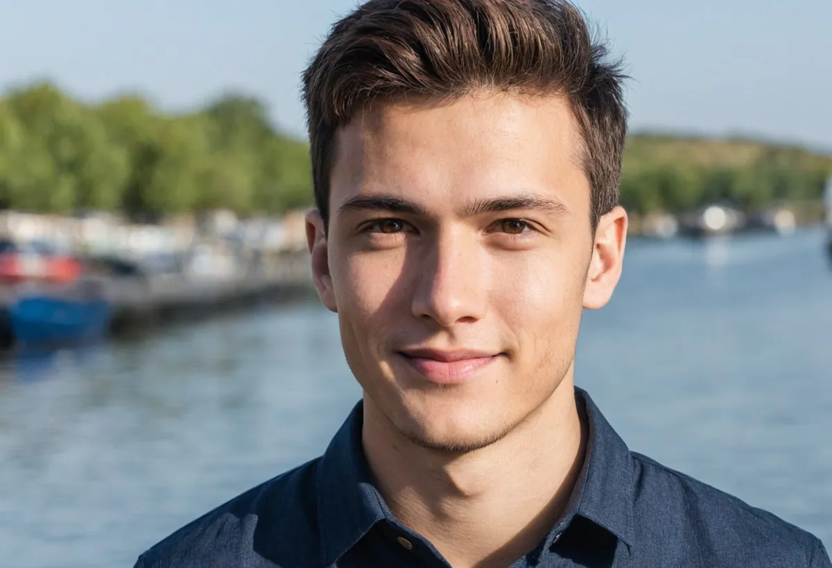 Jeune homme en chemise sombre au léger sourire, au bord de l'eau près de bateaux