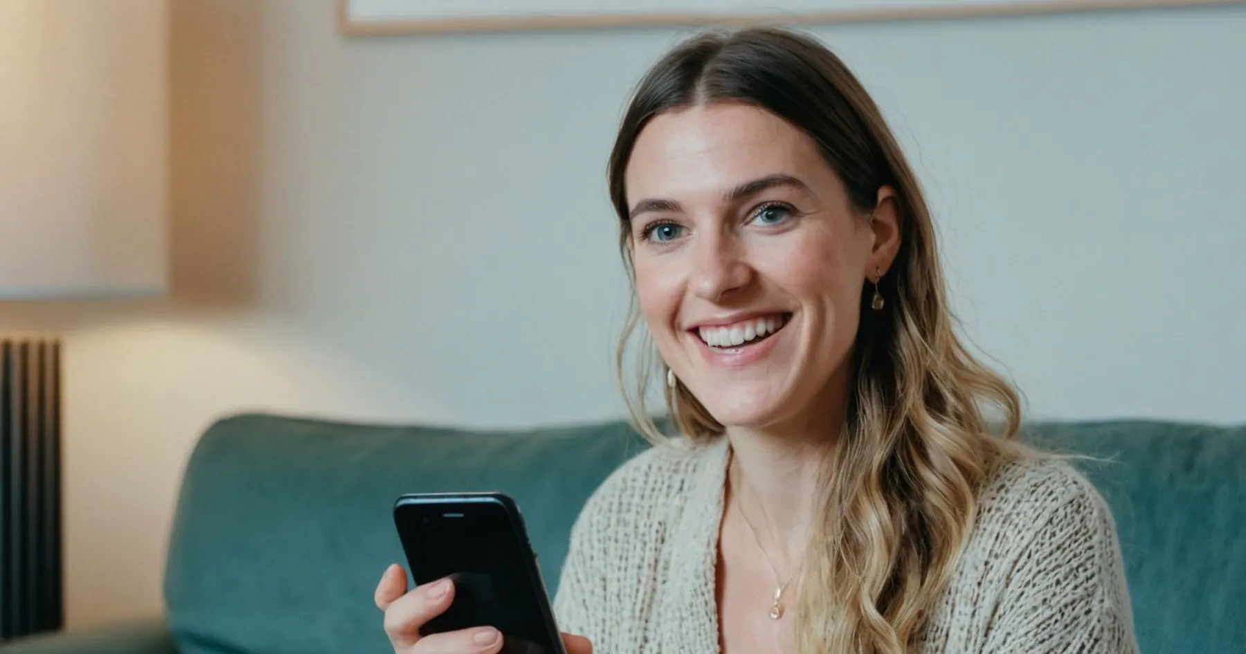Femme au large sourire tenant son smartphone, assise sur un canapé vert