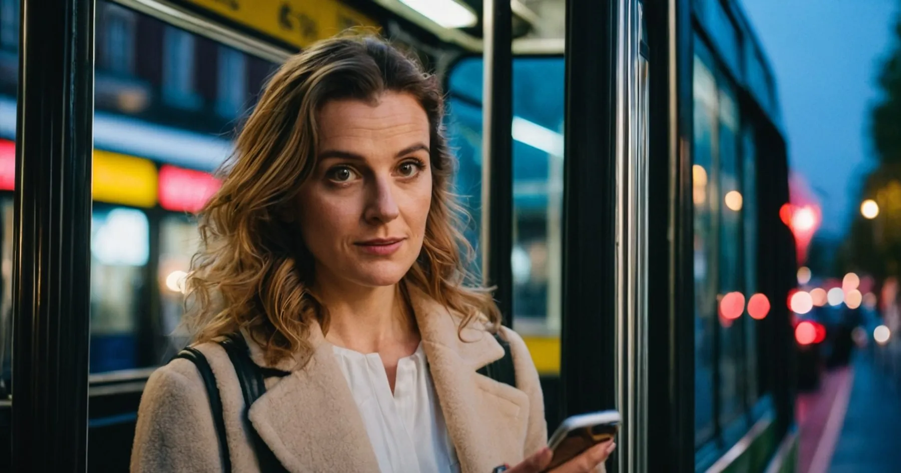 Femme en manteau beige consultant son téléphone à un arrêt de bus, à la tombée de la nuit