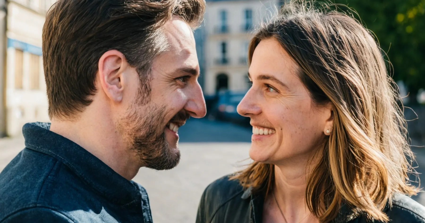 Un homme et une femme se font face en souriant, très proches, dans une rue
