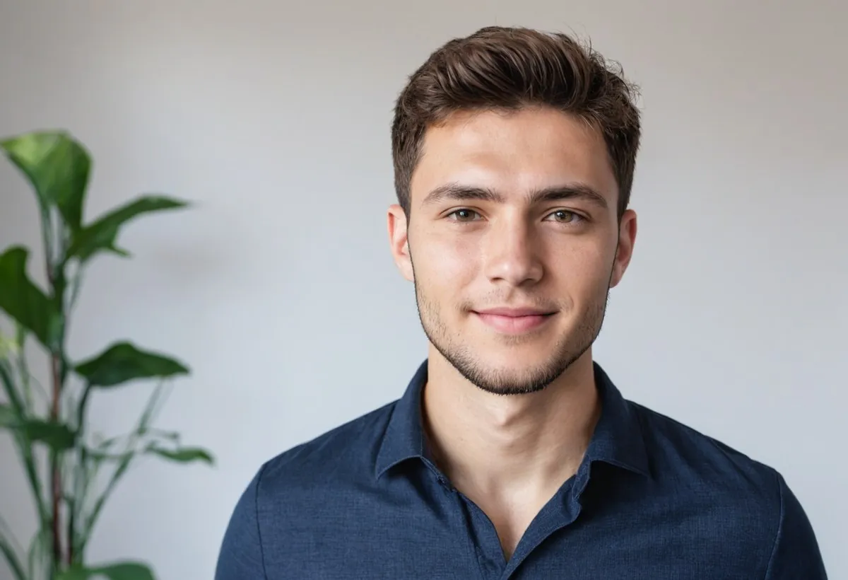 Jeune homme en chemise marine, sourire discret, à côté d'une plante verte