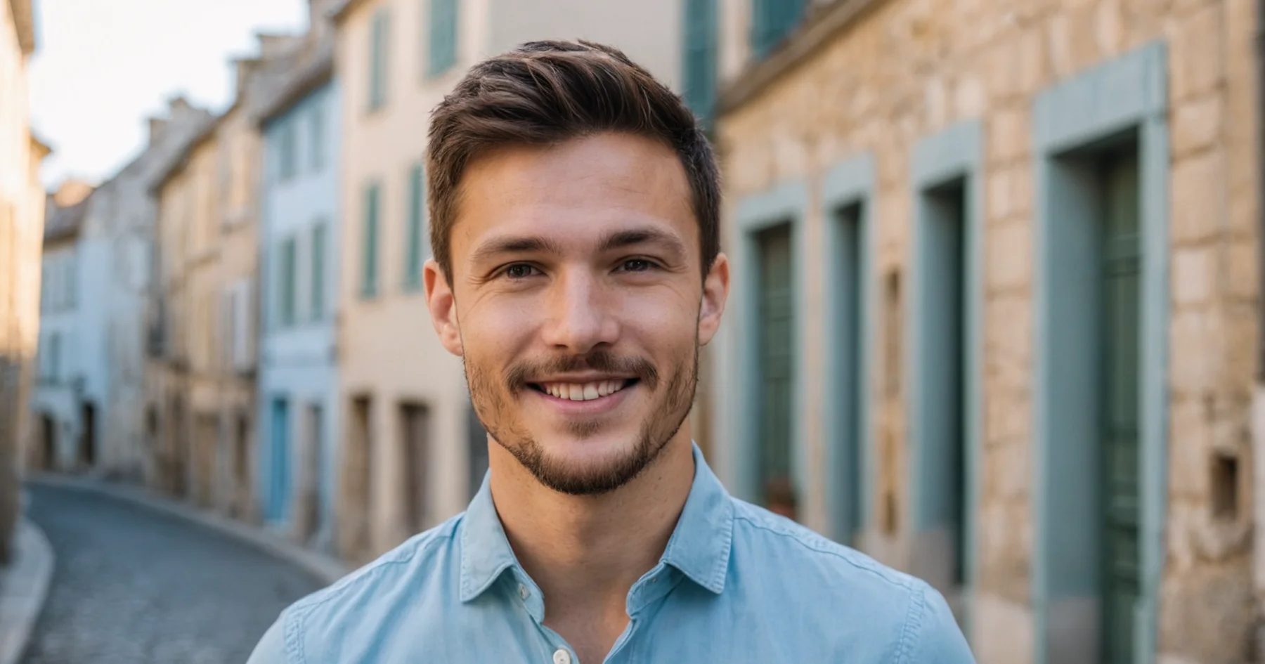 Un jeune homme souriant en chemise bleue dans une ruelle pavée aux façades en pierre