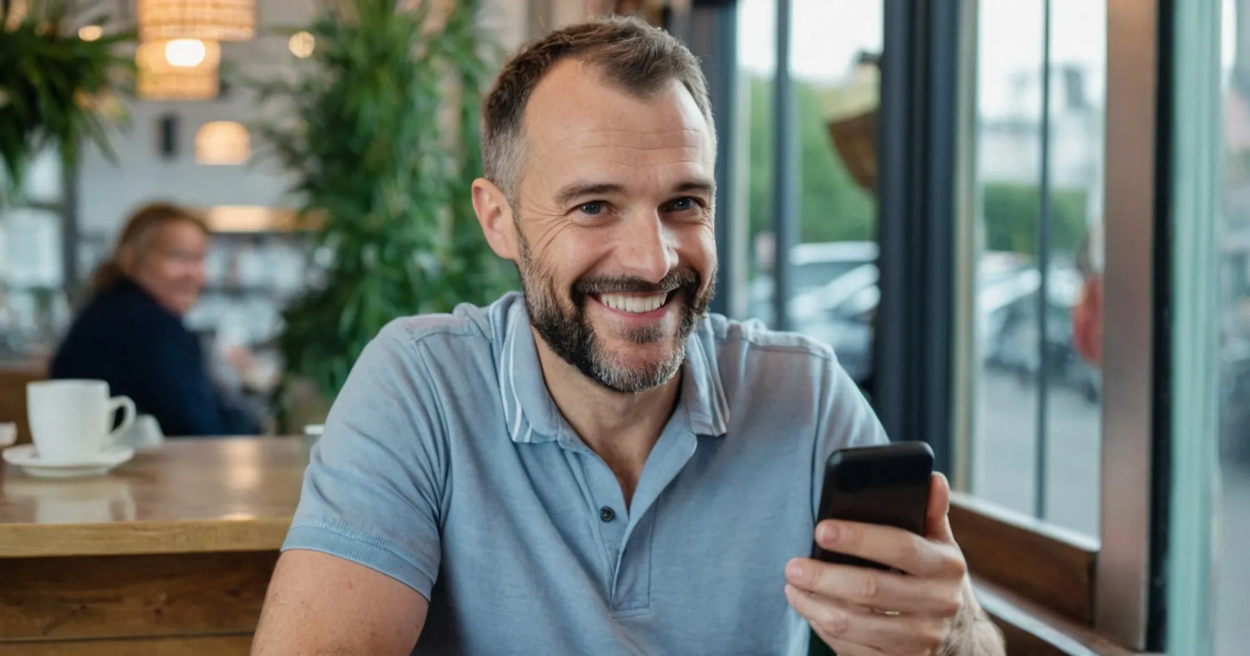 Homme barbu en polo bleu clair souriant à son smartphone, installé dans un café