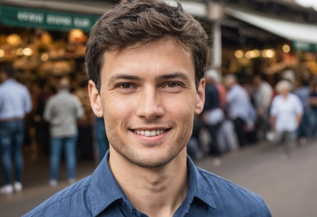 Homme en chemise bleue souriant au milieu d'un marché animé, foule floue derrière lui