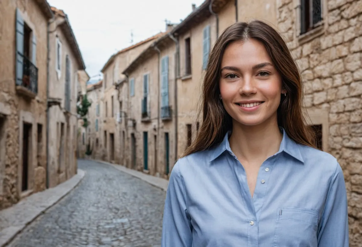 Jeune femme brune souriante en chemise bleue, dans une ruelle pavée aux façades en pierre