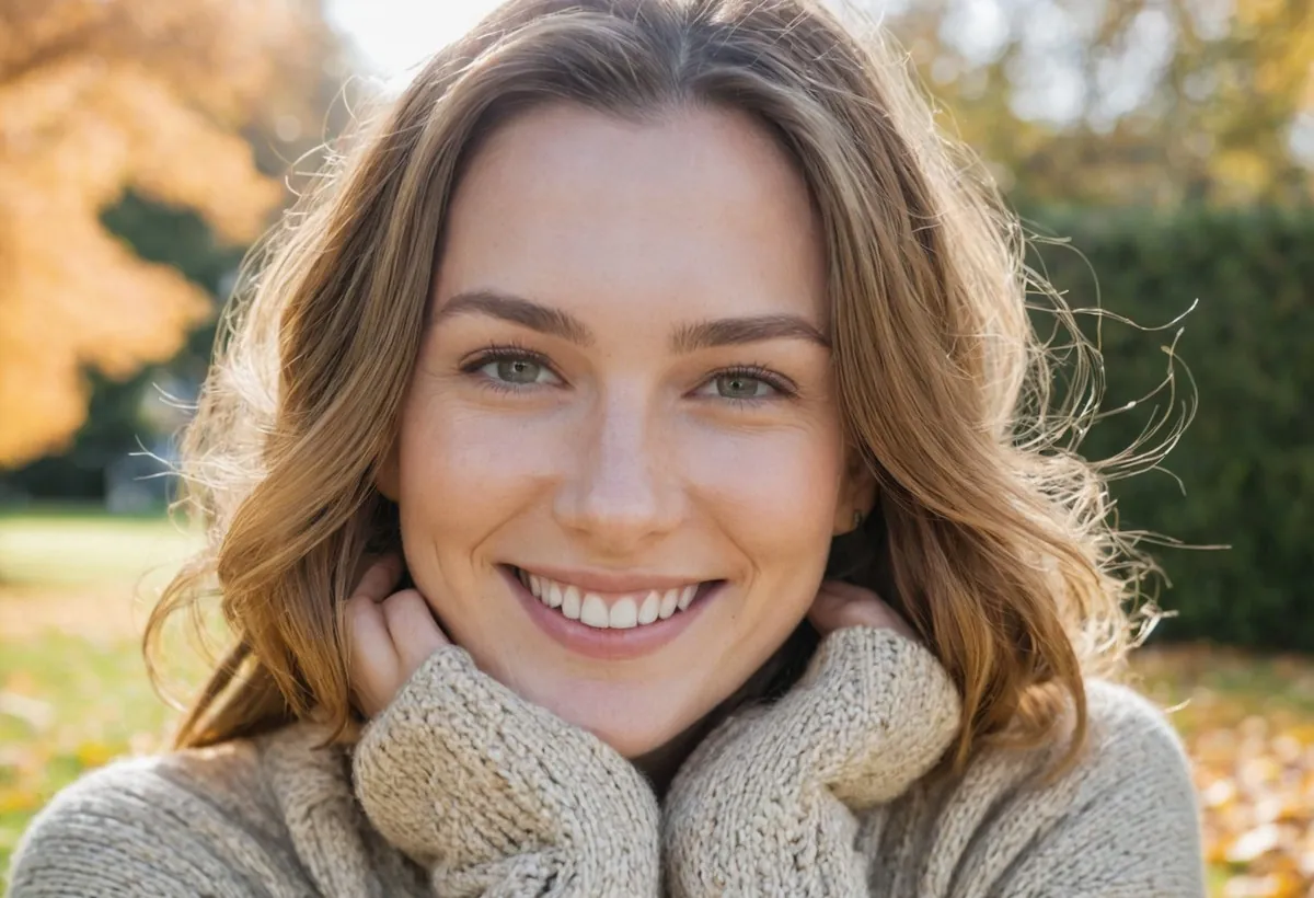Femme souriante dans un parc d'automne, les mains sur le col de son pull, feuilles mortes au sol