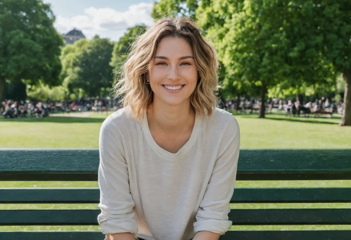 Femme aux cheveux ondulés qui sourit, assise sur un banc de parc vert