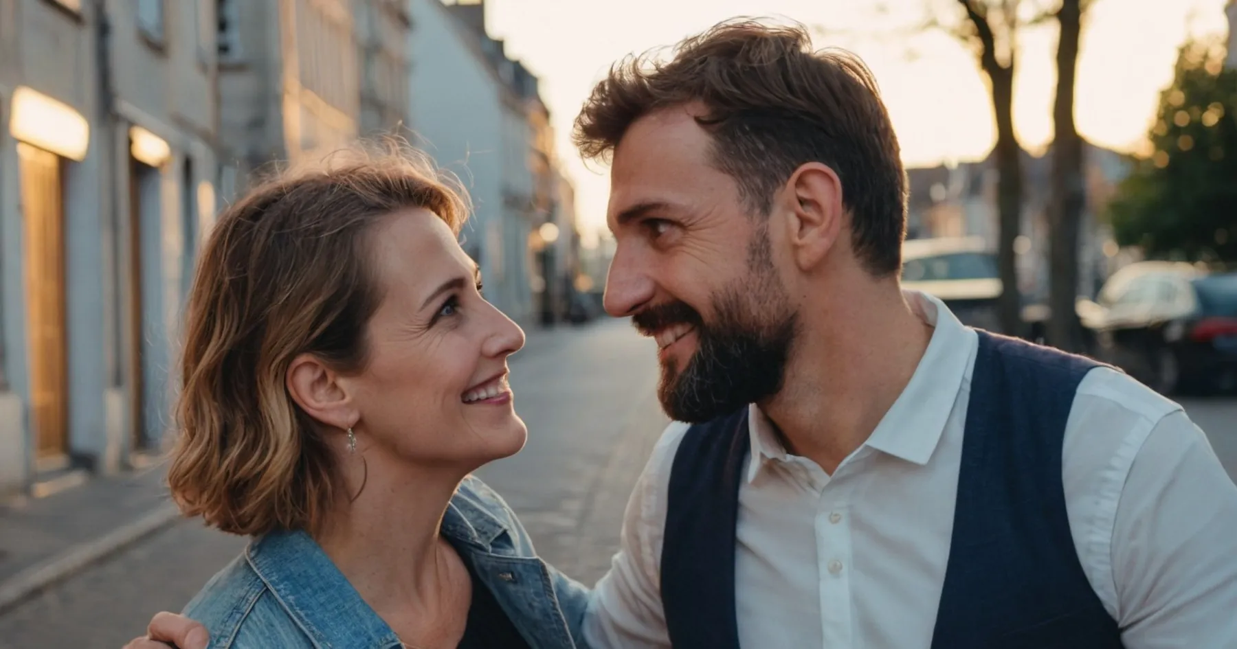 Couple échangeant un regard complice dans une rue au coucher du soleil