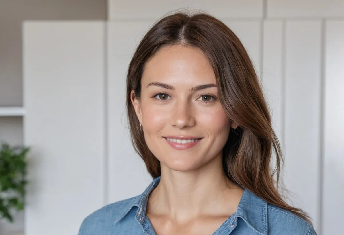 Portrait d'une femme brune en chemise en jean, sourire discret, dans une pièce claire avec une plante