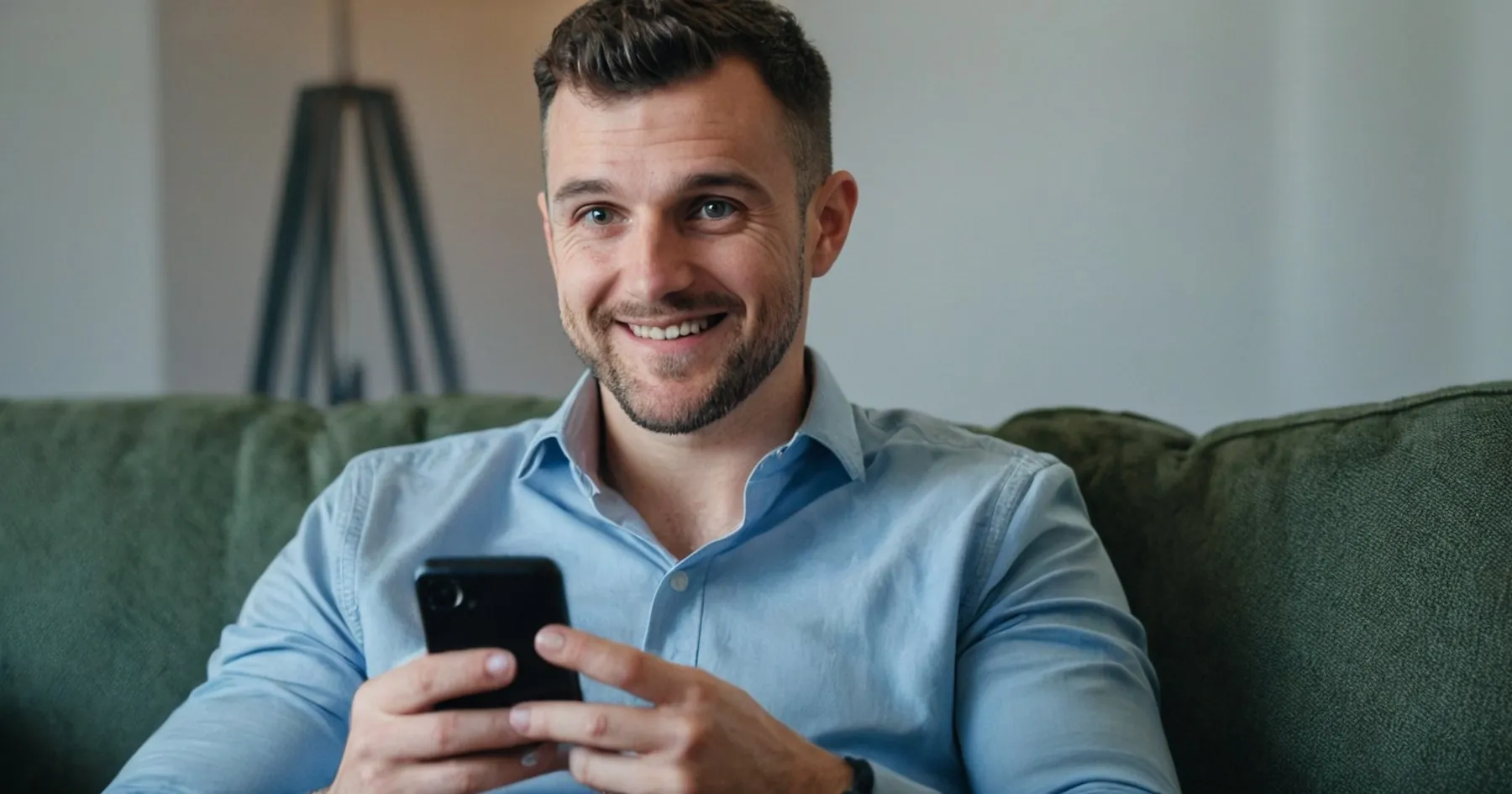 Homme en chemise bleue souriant, son téléphone à la main, assis sur un canapé vert