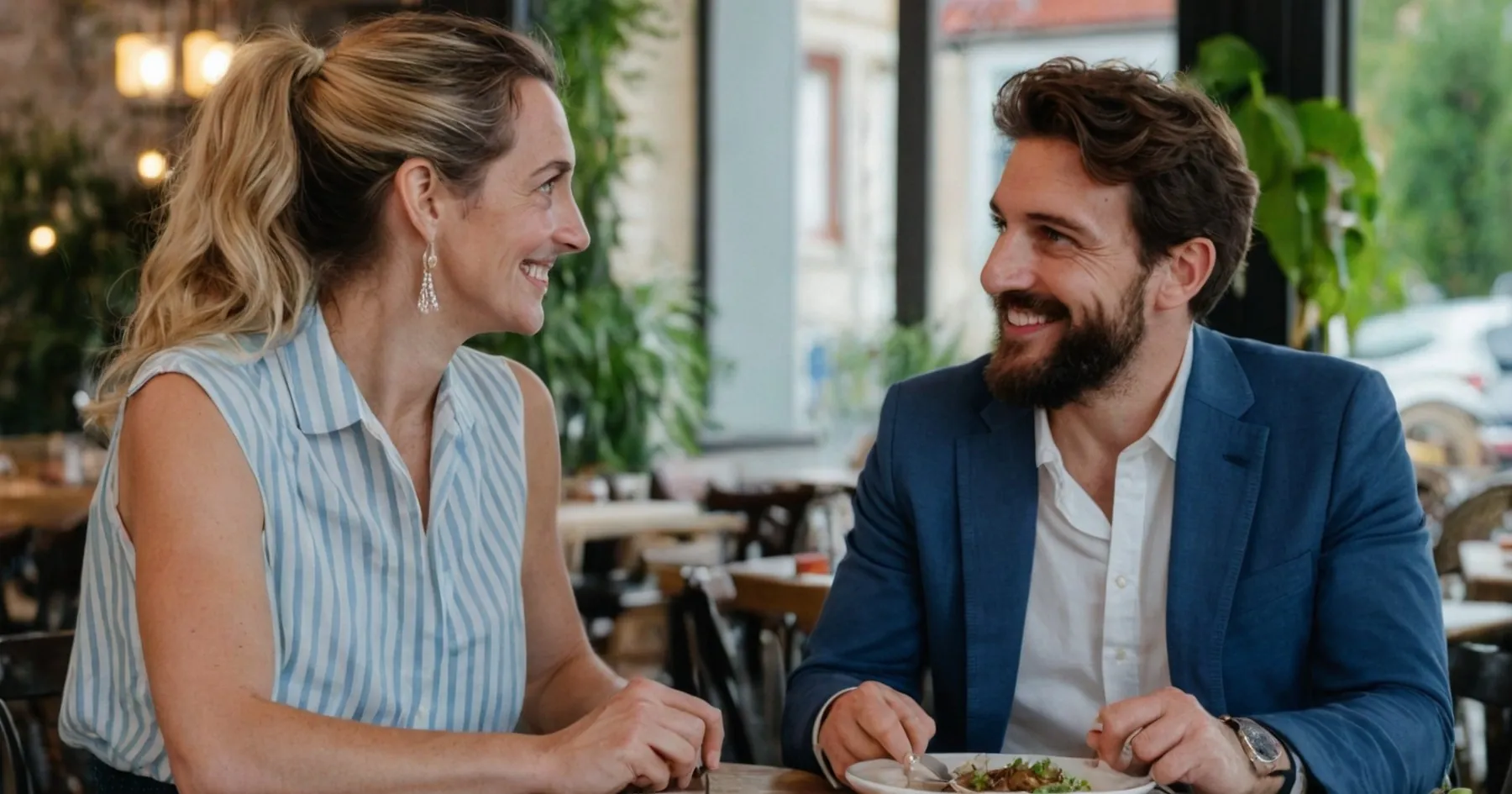 Une femme blonde et un homme barbu en blazer marine échangent des sourires à une table de restaurant