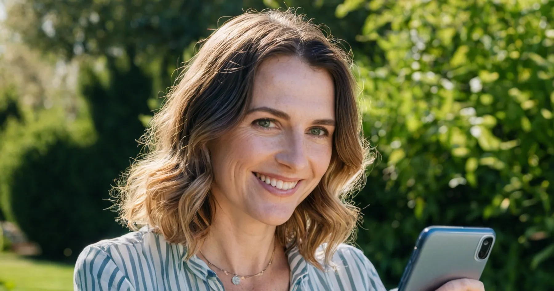 Femme souriante au milieu d'un jardin verdoyant, smartphone à la main