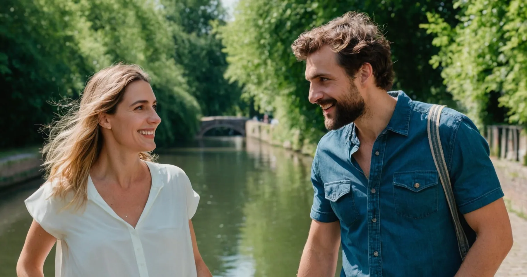 Un homme barbu et une femme se sourient en marchant sur un chemin de halage au bord d'un canal