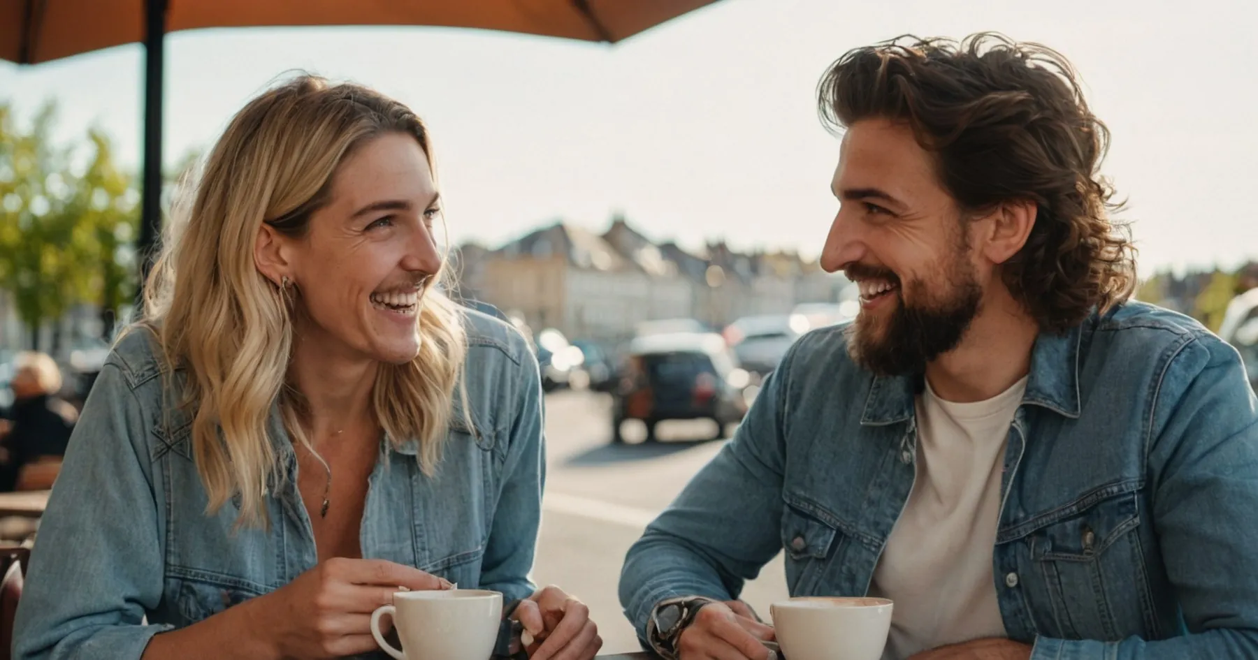 Femme blonde et homme barbu rient ensemble devant deux tasses sur une terrasse de café