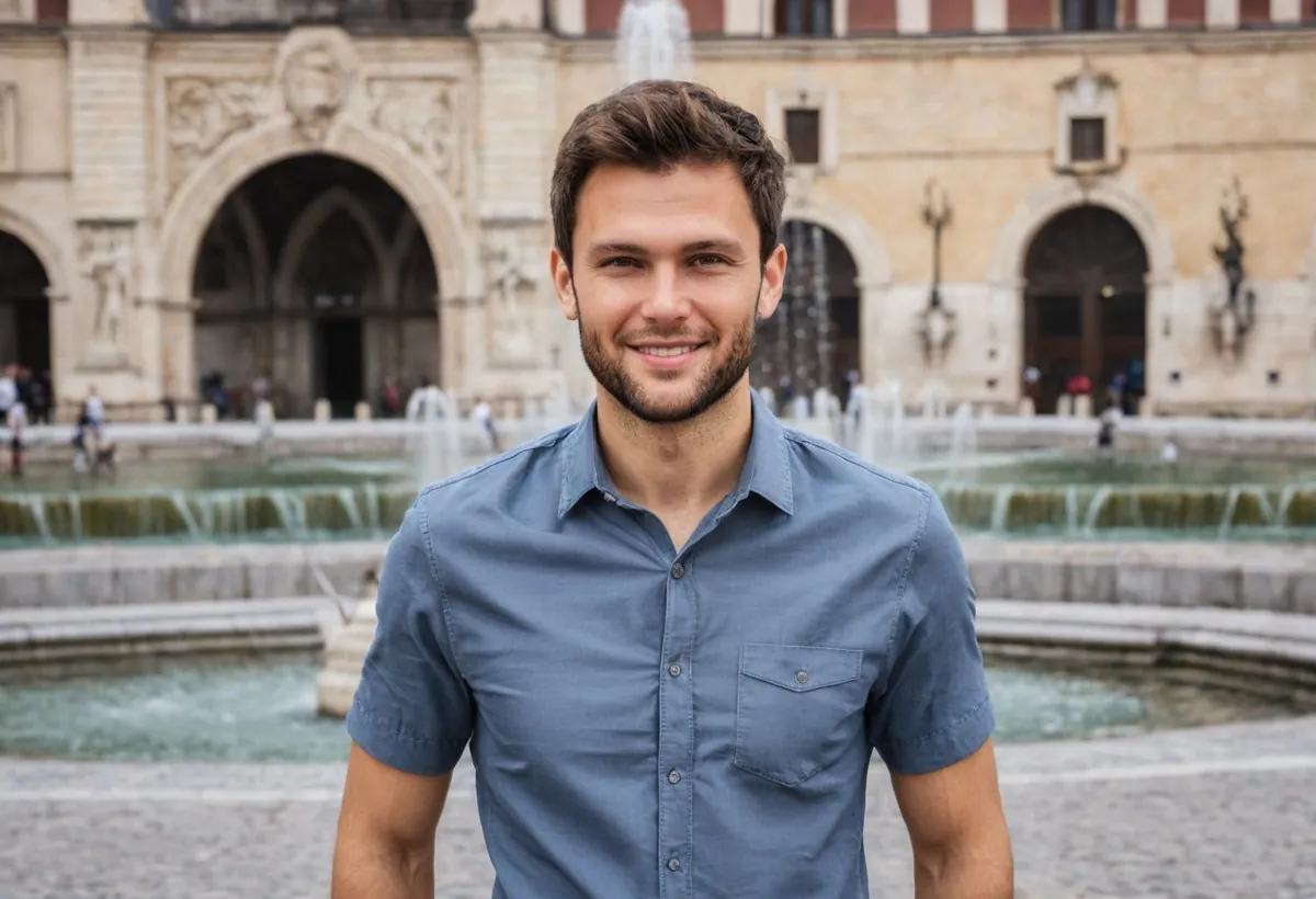 Homme souriant en chemise bleue devant une fontaine et un grand édifice de pierre