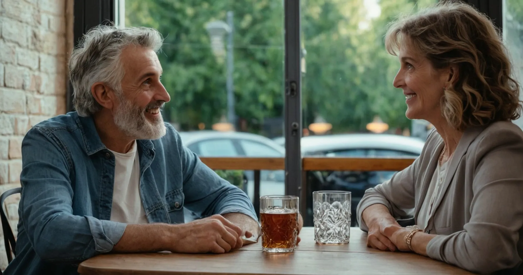 Homme à la barbe grise et femme aux cheveux ondulés se sourient autour de deux verres dans un café