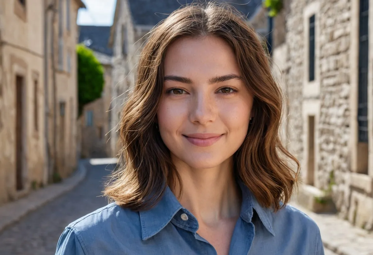 Femme aux cheveux ondulés châtains, chemise bleue, souriante dans une rue de maisons en pierre