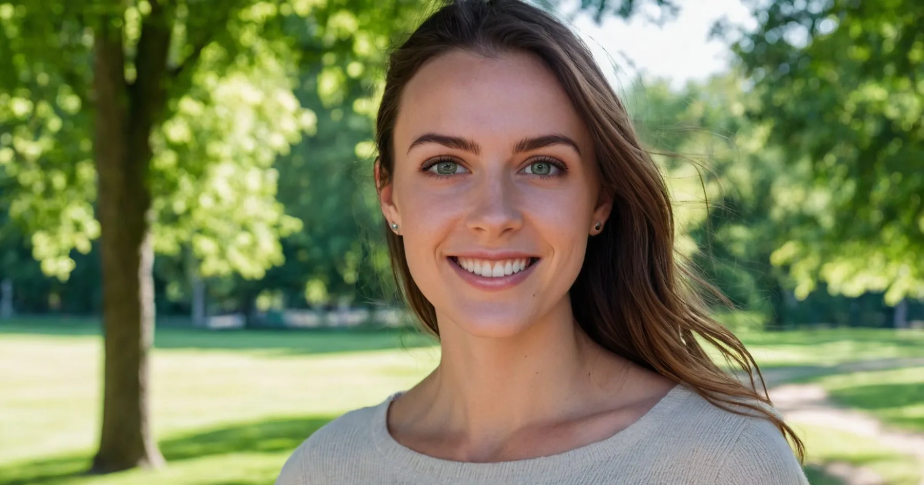 Jeune femme brune au sourire franc, détendue, dans un parc baigné de soleil