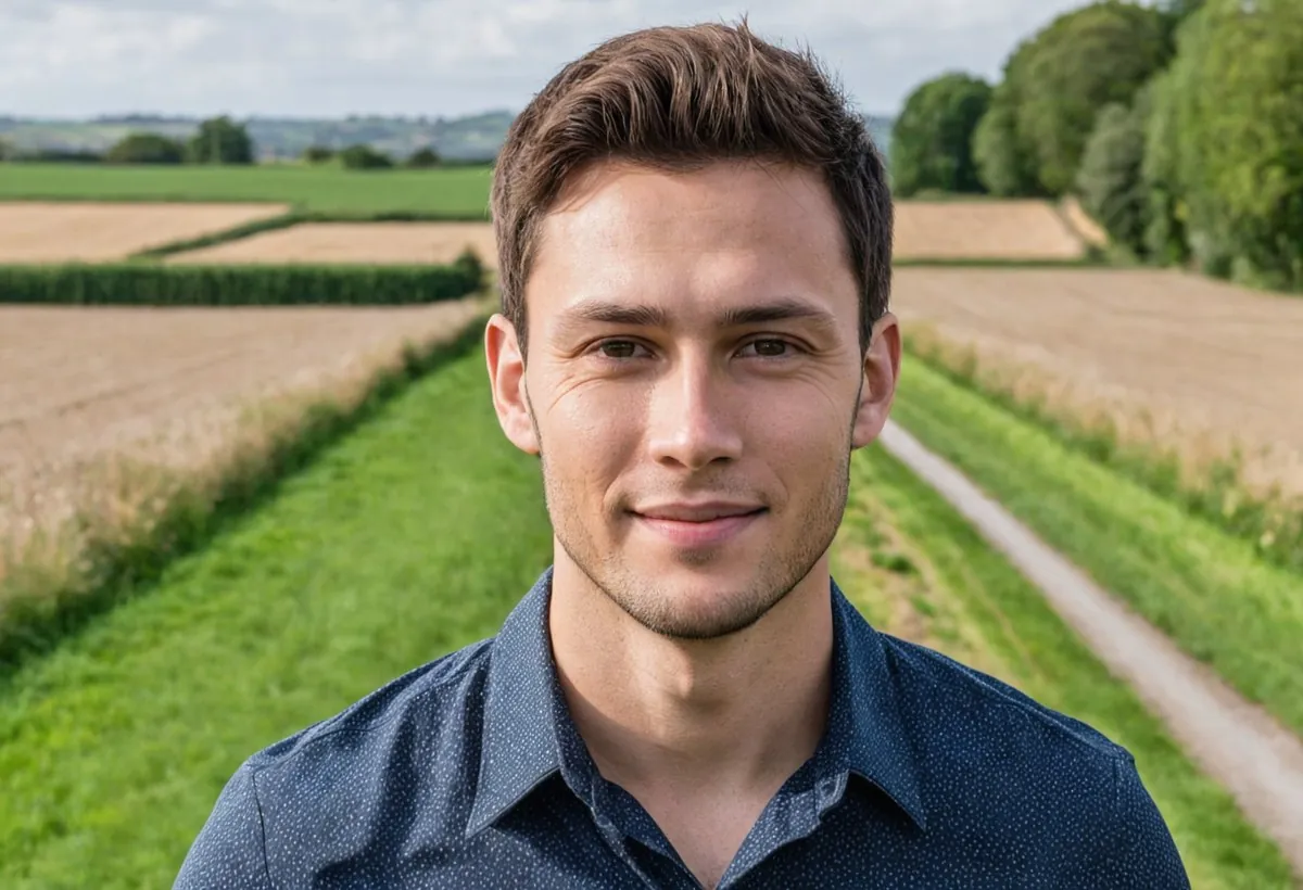 Jeune homme en chemise marine, léger sourire, au bord d'un chemin entre des champs