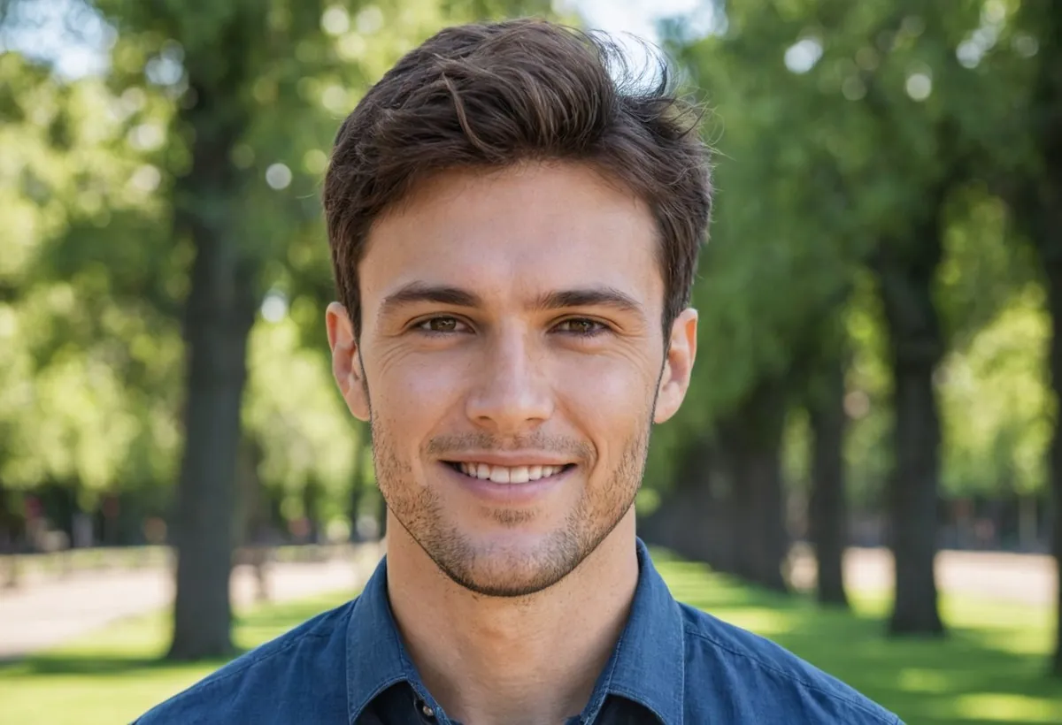 Homme souriant, barbe de quelques jours, dans une allée de grands arbres