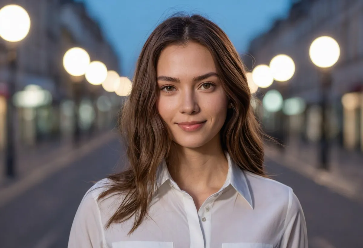 Femme en chemise blanche au sourire discret, dans une rue éclairée de lampes au crépuscule