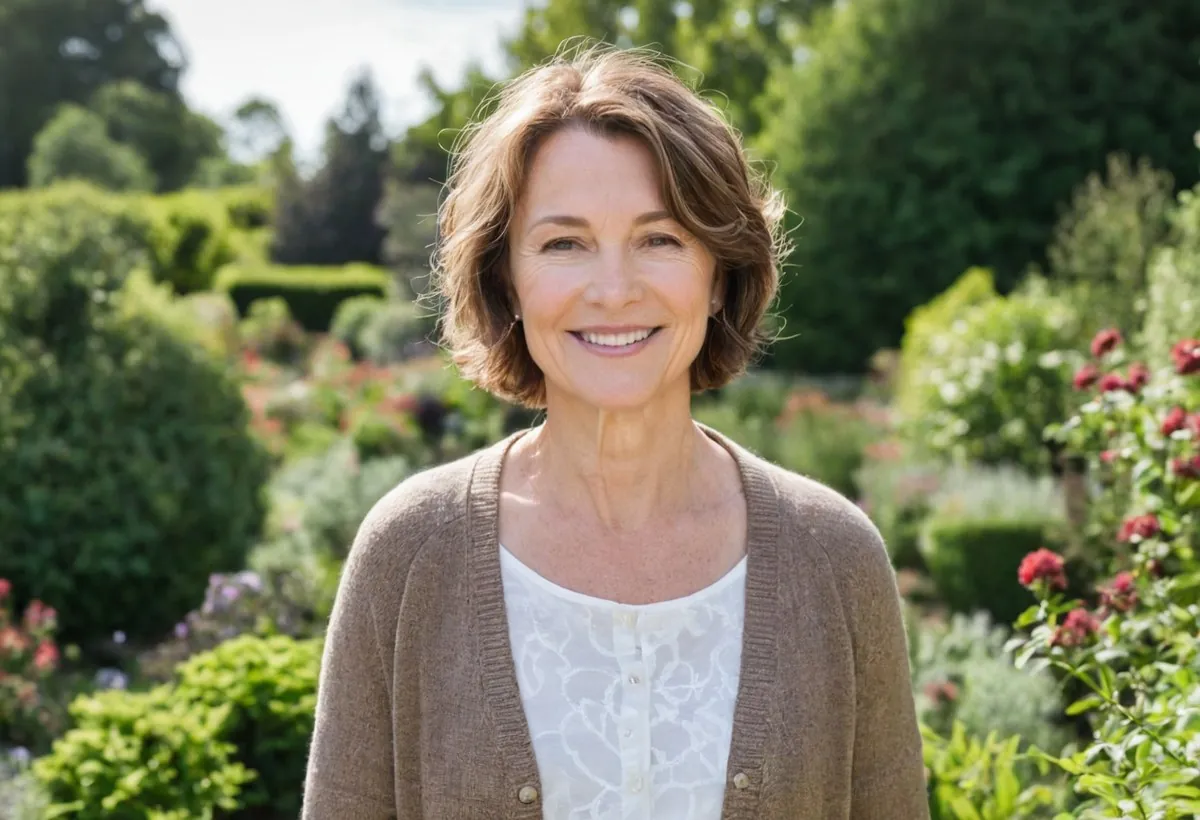 Femme mûre aux cheveux courts bruns, gilet beige, dans un jardin fleuri