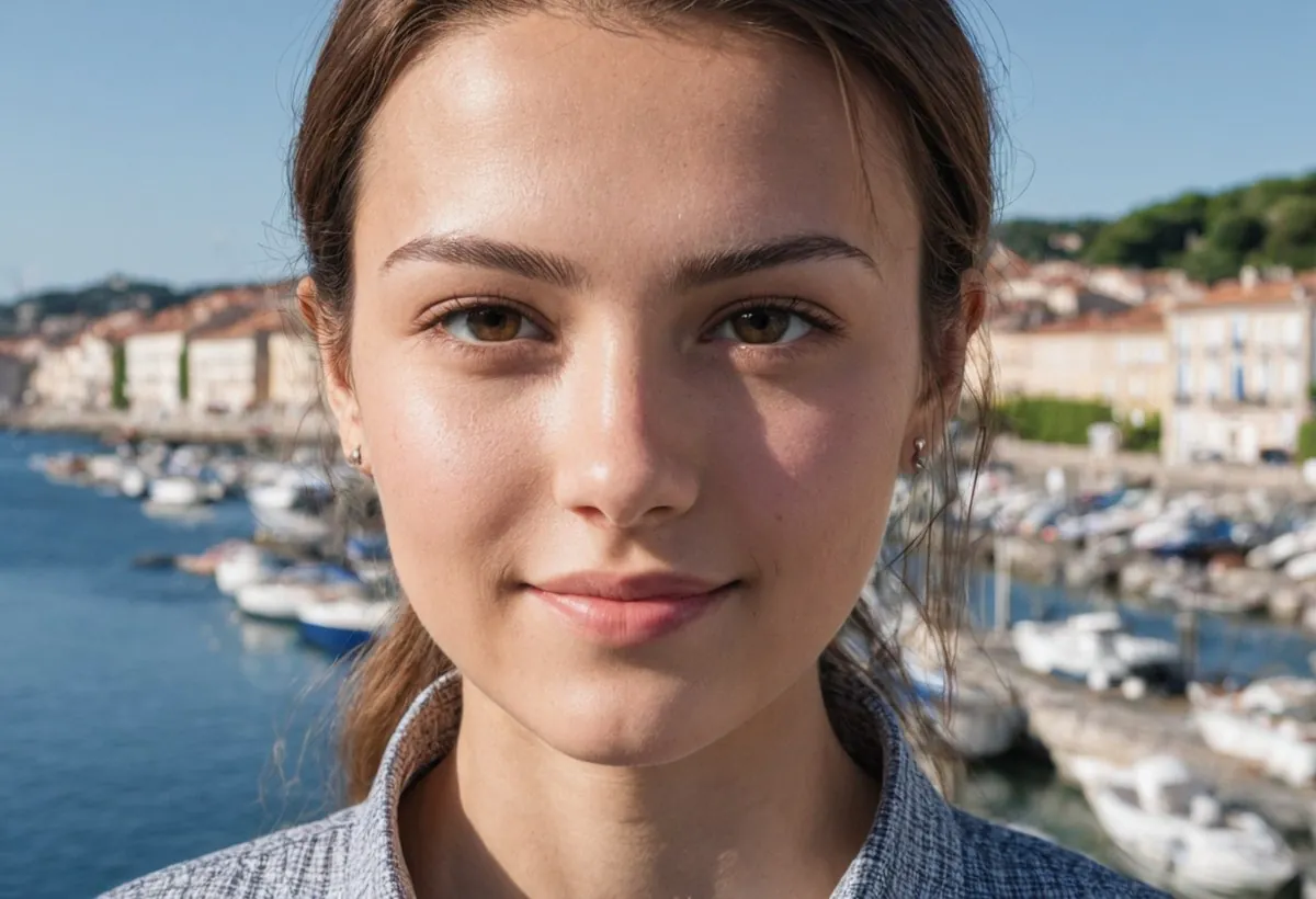 Jeune femme brune au regard doux, cheveux attachés, devant un port de plaisance ensoleillé