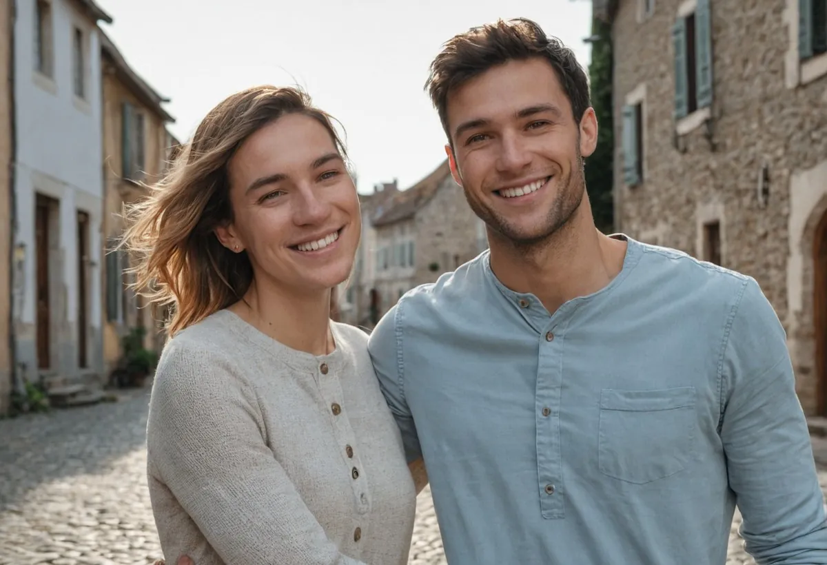 Couple souriant et enlacé dans une rue pavée bordée de maisons en pierre