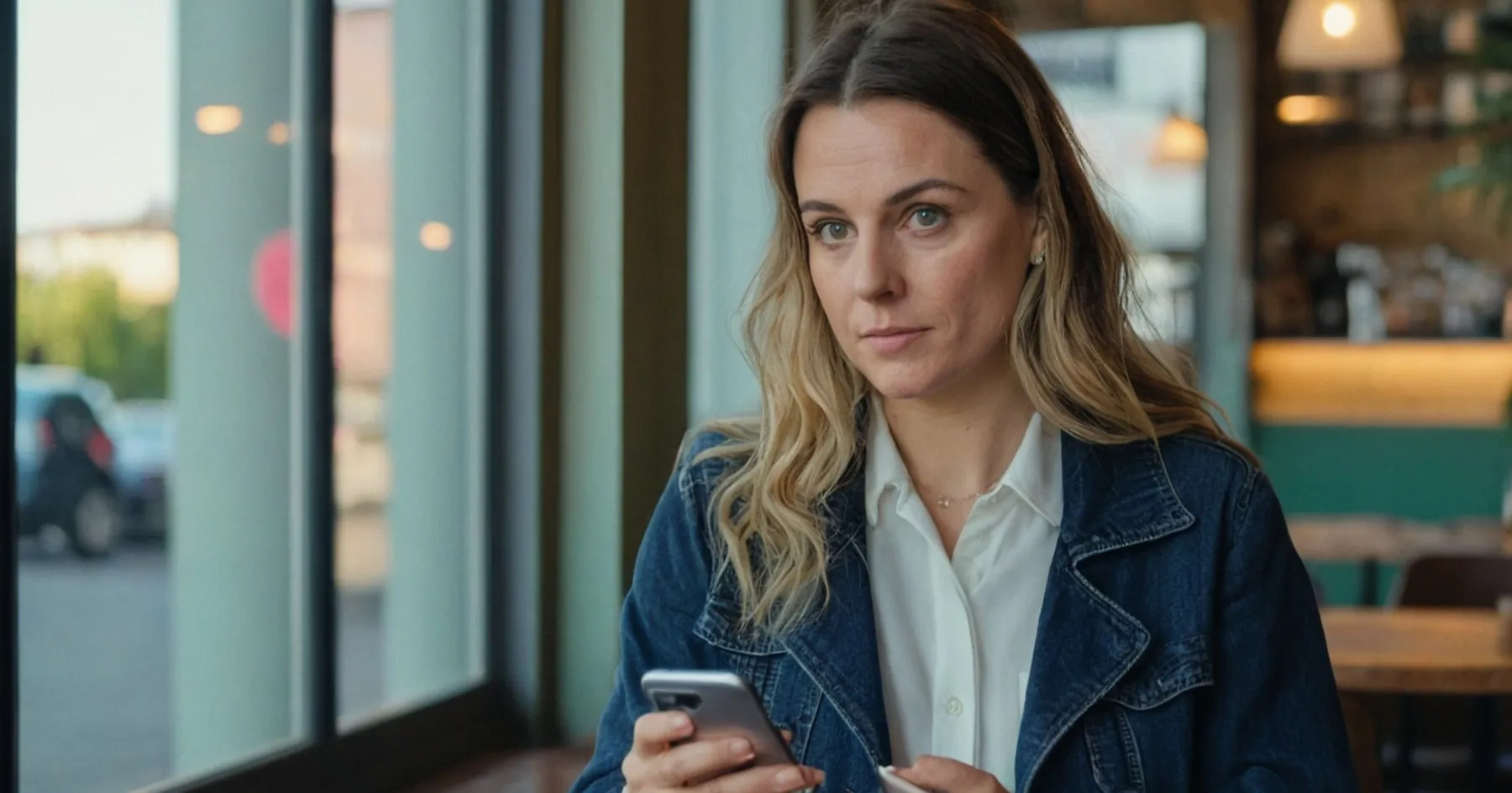 Femme blonde au regard sérieux, smartphone en main, veste en jean, assise dans un café